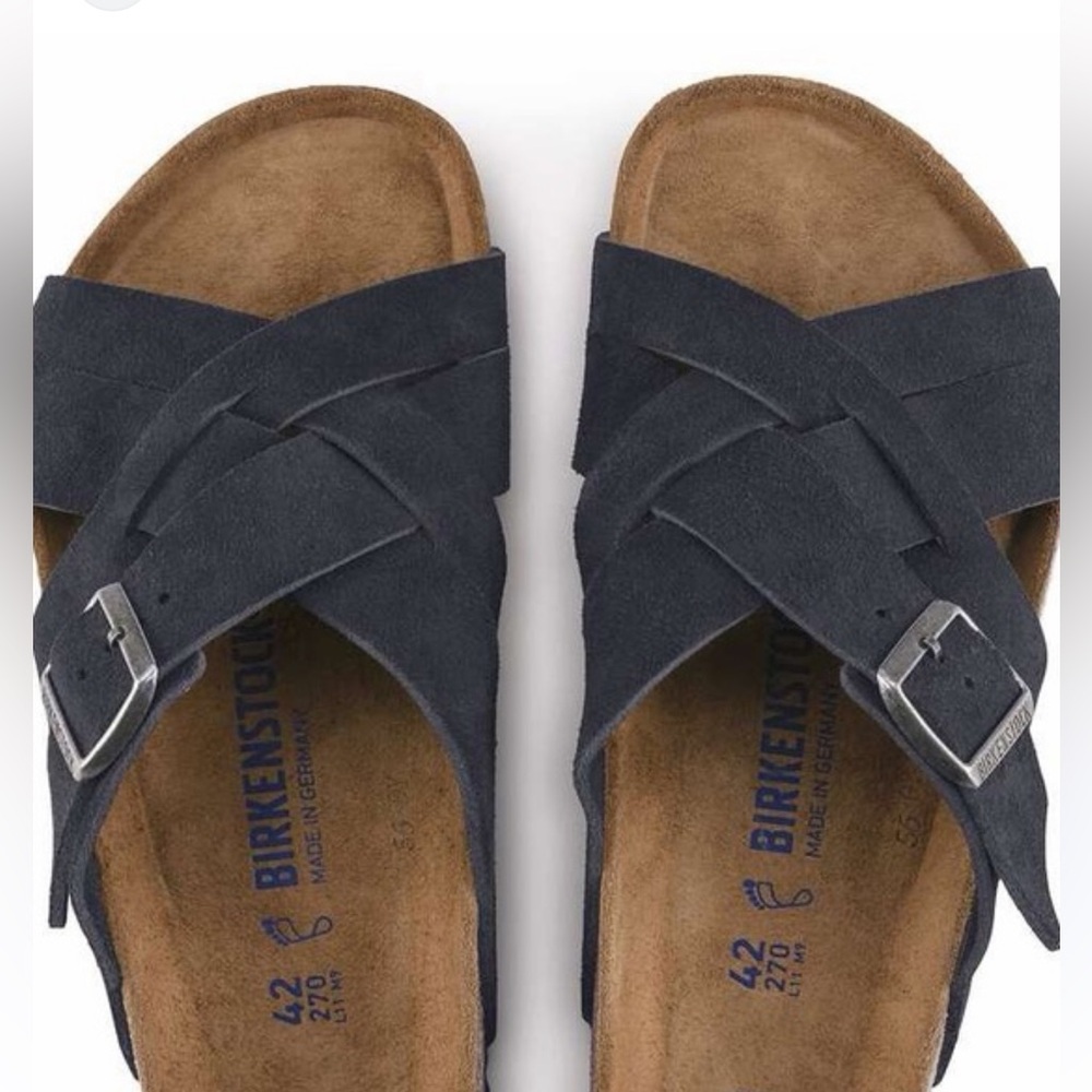 Birkenstock Lugano Soft Bed Navy Suede Cross-Strap Sandals unisex 42